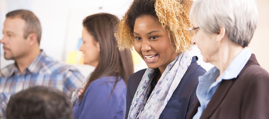 Business professionals talking about health