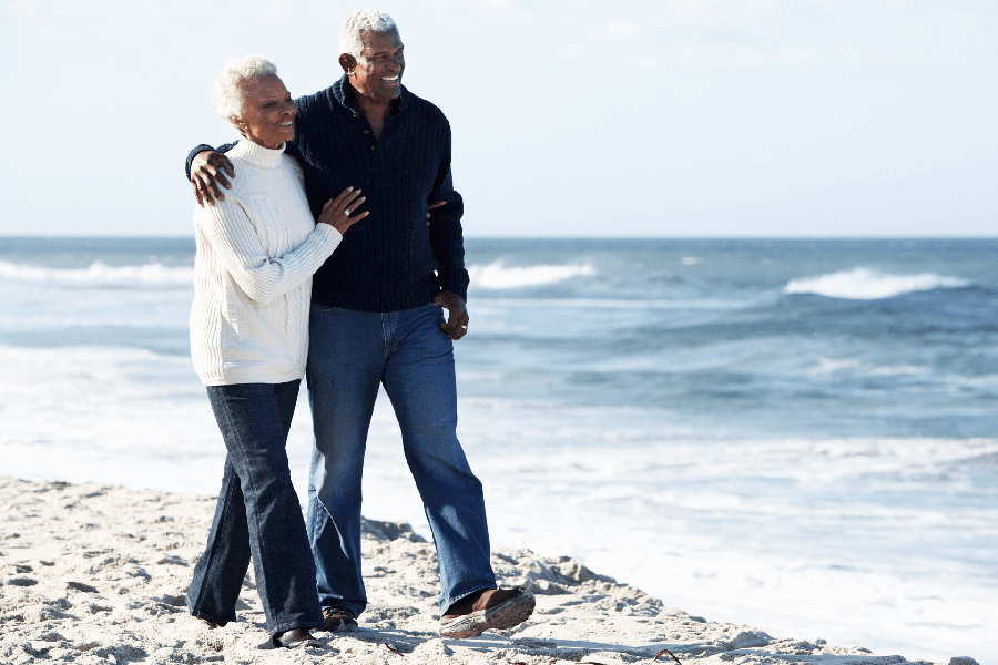 Older couple walking along the beach
