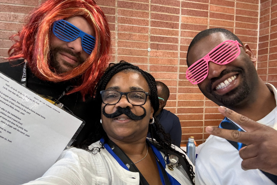 The Malpractice Freaky Finders (top photo, with Valiente in the center) about to perform Beatles karaoke in the cafeteria.
