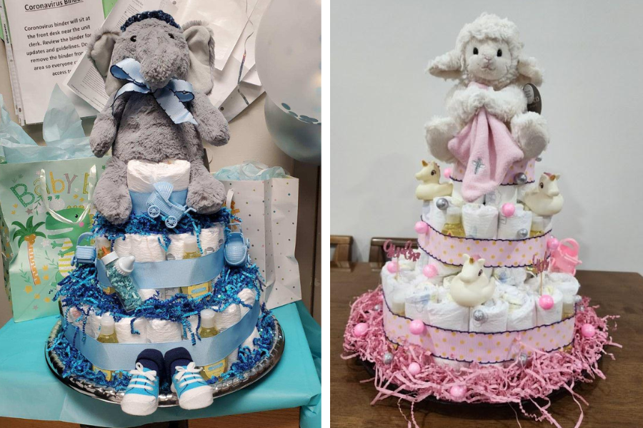 More of Baek’s diaper cake creations, featuring stuffed animals, rubber ducks, and baby shoes.