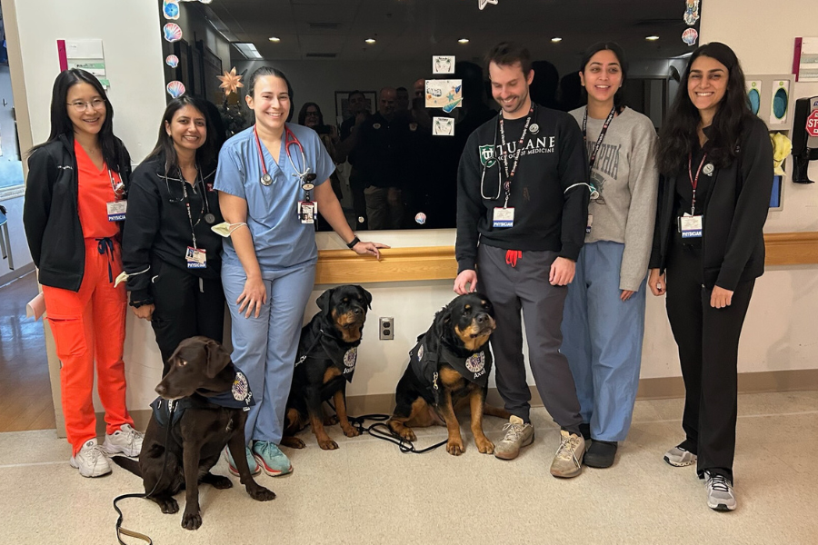 A group of TUH-Main Campus physicians meets the Crisis Response Canines.
