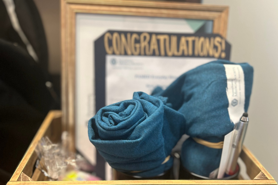 The basket full of prizes that Dr. Benjamin earned for her award.  