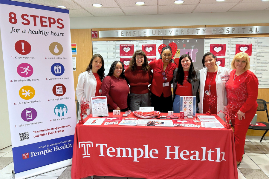 Members of our Advanced Heart Failure Team—including Eman A. Hamad, MD, Director of the Advanced Heart Failure, Lung Transplant, and Mechanical Circulatory Support Program (second from right), and Linda Ruppert, Heart Failure Nurse Practitioner (far right)—at the TUH-Main Campus Go Red Day event.
