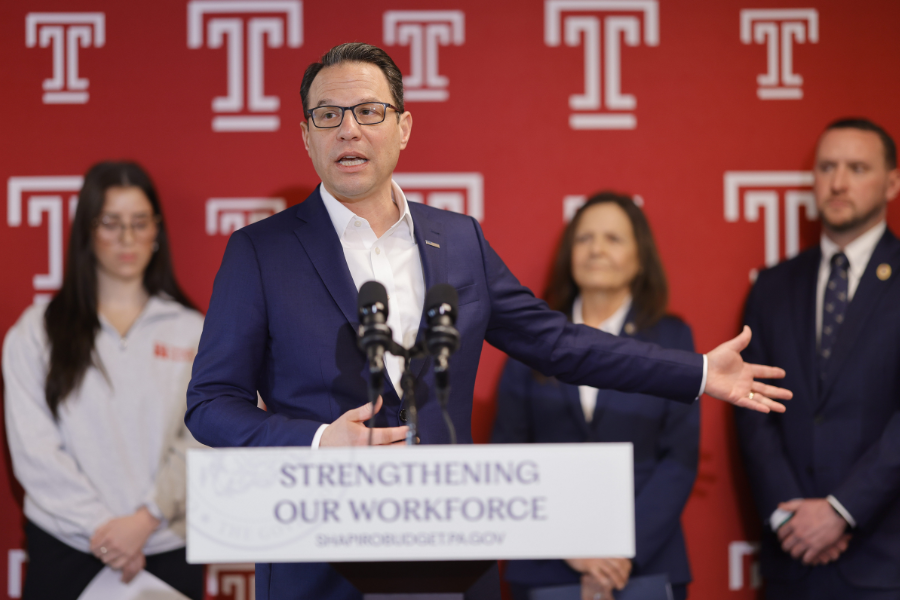 Pennsylvania Governor Josh Shapiro addresses attendees during his press conference at Temple Women & Families.