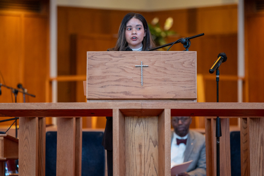Elizabeth Johnson, granddaughter of the Reverend Dr. Leon H. Sullivan, with the Reverend Mike Major.