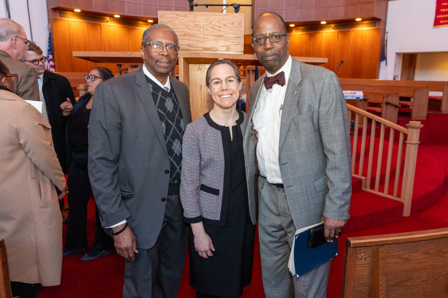 Dr. O'Connor (center) with the Reverend Mike Major (right) and Victor Young, Esq. (left): Reverend Major's partner on the Community Impact Center project and Chairman of Zion Baptist Church's Board of Trustees.