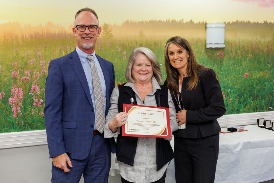 Jeanes’ Executive Director Matthew Shelak (left) and Chief Medical Officer Rebecca Armbruster, DO, MS, FACOI (right) with Hospital Coordinator Donna Prychodko (center), who is celebrating 40 years at TUH-Jeanes Campus.