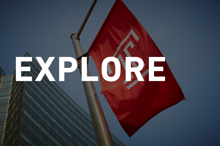 Temple flag faded in background with EXPLORE written across