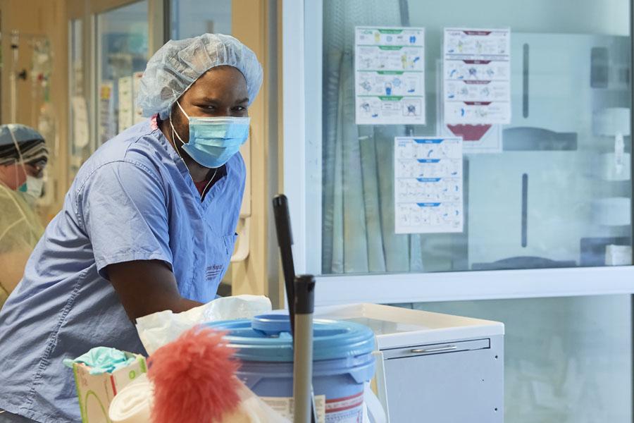 Environmental services deep cleaning the hospital