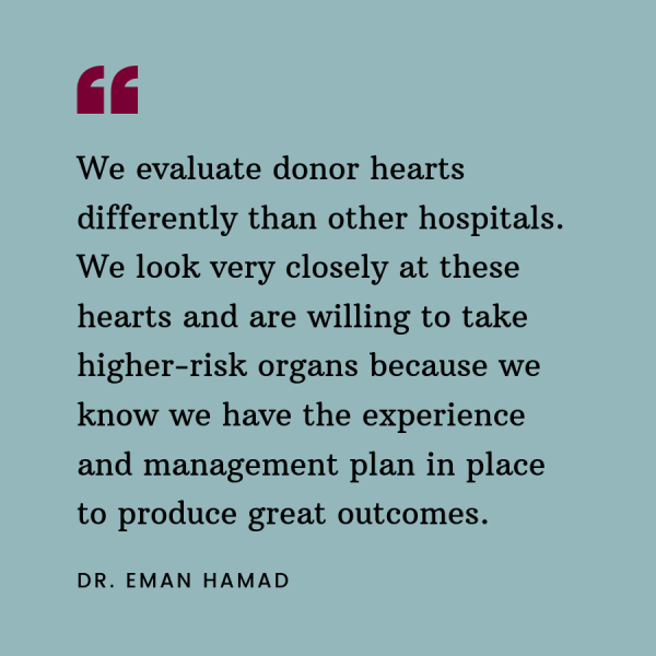 Quote from Dr. Eman Hamad about how Temple evaluates donor hearts differently than other hospitals