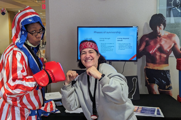 Showing our fighting spirit with our Rocky-themed survivorship presentation.