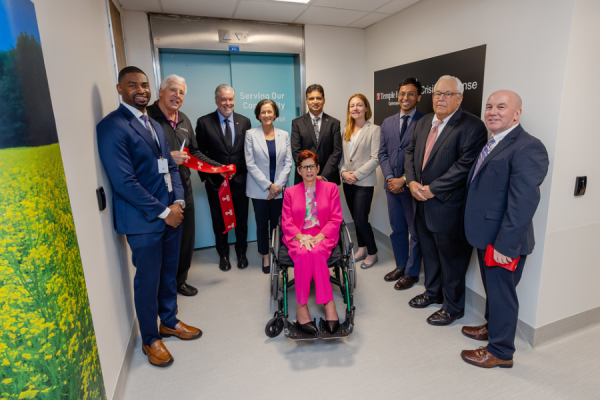 Marcus Appolon; Michael A. Young, MHA, FACHE, President & CEO of Temple Health; John Fry, President of Temple University; Valerie Arkoosh, MD, MPH, Secretary of the Pennsylvania Department of Human Services; State Senator Christine Tartaglione; Abhi Rastogi.; Jessica Kovach, MD, Chair & Chief of Service of the Department of Psychiatry; State Senator Nikil Saval; Episcopal Healthcare Foundation and Temple Health Board Member Joseph W. “Chip” Marshall III; and John Robison at the CRC's ribbon-cutting.